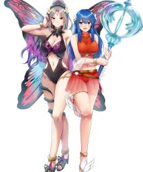 Rule 34 | 2girls, bare shoulders, belt, bikini, bikini skirt, blue eyes, blue hair, blush, bracelet, breasts, caeda (fire emblem), caeda (summer) (fire emblem), cleavage, closed mouth, clothing cutout, commentary request, facial mark, fairy wings, feet, female focus, fire emblem, fire emblem: mystery of the emblem, fire emblem heroes, forehead mark, full body, grey hair, hair ornament, hand up, high heel sandals, high heels, highres, holding, jewelry, large breasts, leg up, long hair, looking at viewer, matching hair/eyes, medium breasts, midriff, multiple girls, navel, navel cutout, nintendo, official art, one-piece swimsuit, open mouth, plumeria (fire emblem), pointy ears, ponytail, ryouma (galley), sandals, see-through, smile, standing, stomach, swimsuit, thigh strap, thorns, toes, transparent background, white background, wings