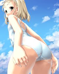 Rule 34 | 1girl, ass, back, bare arms, bare legs, bare shoulders, blonde hair, blue sky, blush, cloud, commentary request, cowboy shot, day, dd (ijigendd), from behind, grey eyes, hairband, highres, i-504 (kancolle), kantai collection, looking at viewer, luigi torelli (kancolle), one-piece swimsuit, outdoors, school swimsuit, short hair, skindentation, sky, solo, standing, swimsuit, thighs, white hairband, white one-piece swimsuit, white school swimsuit