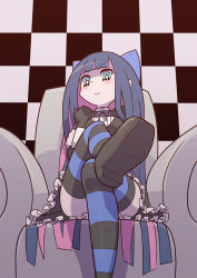 Rule 34 | 10s, 1girl, blue eyes, blunt bangs, blush, bow, chair, checkered background, coffee (ecafree2), crossed legs, from below, hair bow, hair ornament, long hair, multicolored hair, panty &amp; stocking with garterbelt, purple hair, ribbon, sitting, smile, solo, stocking (psg), striped, striped background, thighhighs, upskirt, very long hair, zettai ryouiki