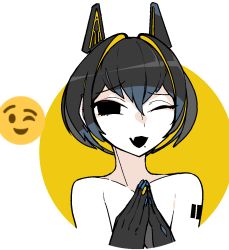 Rule 34 | 1girl, :d, animal ears, barcode, barcode tattoo, black eyes, black hair, blue nails, cat ears, colored inner hair, colored skin, emoji, fang, idkuroi, kokubunji suou, mechanical ears, mole, mole under mouth, multicolored hair, multicolored nails, nail polish, one eye closed, open mouth, original, own hands together, shoulder tattoo, skin fang, smile, solo, steepled fingers, streaked hair, tattoo, white skin, yellow background, yellow nails