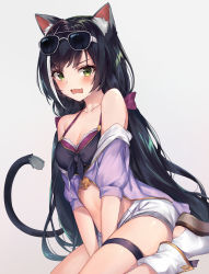 Rule 34 | 1girl, absurdres, animal ear fluff, animal ears, bikini, bikini top only, black hair, blush, breasts, cat ears, cat girl, cat tail, cleavage, collarbone, commentary request, eyewear on head, fang, gradient background, green eyes, grey background, hair ribbon, highres, isaya (pixiv4541633), karyl (princess connect!), karyl (summer) (princess connect!), long hair, looking at viewer, low twintails, medium breasts, multicolored hair, open mouth, princess connect!, purple ribbon, ribbon, shorts, sitting, solo, streaked hair, sunglasses, sunglasses on head, swimsuit, tail, thighs, twintails, wariza, wavy mouth, white hair, white shorts