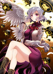 Rule 34 | 1girl, angel wings, ass, breasts, feathered wings, feathers, highres, jacket, kishin sagume, legacy of lunatic kingdom, long sleeves, open clothes, open jacket, purple skirt, red eyes, rihito (usazukin), short hair, silver hair, single wing, skirt, solo, touhou, white wings, wings