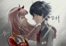 Rule 34 | 10s, 1boy, 1girl, absurdres, black hair, blue eyes, character name, commentary, couple, darling in the franxx, dated, english commentary, face-to-face, facing another, green eyes, hair ornament, hairband, hetero, highres, hiro (darling in the franxx), horns, long hair, long sleeves, looking at another, military, military uniform, necktie, oni horns, orange neckwear, pink hair, red horns, red neckwear, short hair, signature, uniform, user pwnr7245, white hairband, zero two (darling in the franxx)