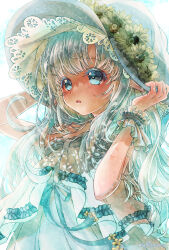 Rule 34 | 1girl, blue eyes, blush, dress, flower, frilled bracelet, grey hair, hand on headwear, hat, hat flower, highres, light frown, long hair, looking at viewer, original, parted lips, pointy ears, shimizu miu, solo, sun hat, sunlight, very long hair, white dress, white hat, yellow flower