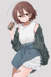 Rule 34 | 1girl, ahoge, asuka kanzaki, bandaid on thigh, black jacket, boss coffee, braid, brown hair, buttons, can, canned coffee, closed mouth, denim, denim skirt, dot nose, dress, drink can, ear piercing, earrings, frilled dress, frills, grey background, hair between eyes, highres, holding, holding can, jacket, jewelry, knee up, ksrgiing, long sleeves, mole, mole under eye, original, piercing, pocket, short hair, side braid, simple background, single braid, skirt, sleeveless, sleeveless dress, solo, standing, tongue, tongue out, white dress