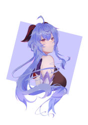 Rule 34 | 1girl, absurdres, bare shoulders, black bodysuit, blue hair, blush, bodice, bodysuit, closed mouth, detached sleeves, ganyu (genshin impact), genshin impact, goat horns, gradient background, hair between eyes, highres, horns, long hair, looking at viewer, purple background, purple eyes, reezuri, solo, upper body, white background