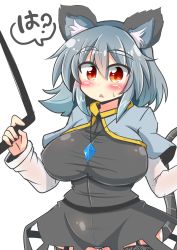 Rule 34 | 1girl, animal ears, blush, breasts, confused, grey hair, highres, large breasts, looking at viewer, nazrin, open mouth, red eyes, rindou (p41neko), solo, thick eyebrows, touhou