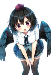 Rule 34 | 1girl, bad id, bad pixiv id, belt, black hair, black skirt, black thighhighs, black wings, blush, breasts, eyelashes, hands on own hips, hat, leaning forward, looking at viewer, medium breasts, miniskirt, open mouth, pleated skirt, pom pom (clothes), red eyes, shameimaru aya, shirt, shnva, short hair, short sleeves, simple background, skirt, solo, thighhighs, tokin hat, touhou, v arms, white background, white shirt, wings, zettai ryouiki