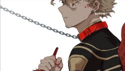 Rule 34 | 1boy, animal collar, artist name, bad id, bad pixiv id, black bodysuit, blonde hair, blood, blood on face, blood on hands, bodysuit, boku no hero academia, chain, chain leash, collar, commentary, facial hair, feathered wings, from side, hawks (boku no hero academia), holding, kadeart, leash, male focus, parted lips, red collar, red wings, short hair, solo, wings, yellow eyes