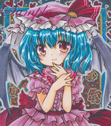 Rule 34 | 1girl, back bow, bat wings, black wings, blue hair, bow, brooch, center frills, closed mouth, floral background, frilled bow, frilled hairband, frilled shirt, frilled shirt collar, frills, green brooch, hair between eyes, hairband, hand to own mouth, hat, hat ribbon, heart, heart background, jewelry, looking at viewer, marker (medium), mob cap, pink headwear, pink shirt, pink skirt, puffy short sleeves, puffy sleeves, red bow, red eyes, red ribbon, remilia scarlet, ribbon, rose background, rui (sugar3), sample watermark, shirt, short hair, short sleeves, skirt, smile, solo, touhou, traditional media, watermark, wings