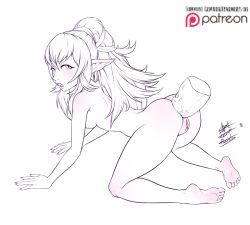 Rule 34 | 1girl, 2018, all fours, anal, ass, barefoot, blush, breasts, captainjerkpants, disembodied penis, doggystyle, elf, feet, fire emblem, fire emblem awakening, huge penis, intelligent systems, large insertion, legs, lips, long hair, looking back, moaning, monochrome, nail polish, nintendo, nude, open mouth, penis, pointy ears, ponytail, pussy, sex, sex from behind, signature, simple background, soles, thighs, tiki (fire emblem), toes, tongue, uncensored, veins, veiny penis, white background
