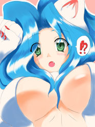 Rule 34 | !?, animal ears, animal hands, bad id, bad pixiv id, blue hair, blush, breasts, capcom, cat ears, fang, felicia (vampire), green eyes, large breasts, long hair, open mouth, senrifx, solo, sweatdrop, vampire (game)