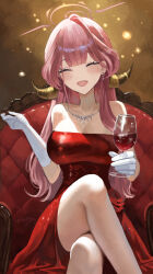 1girl absurdres alcohol aru_(blue_archive) aru_(dress)_(blue_archive) blue_sky blush crossed_legs cup demon_girl demon_horns dress drinking_glass elbow_gloves gloves hair_between_eyes highres holding holding_cup horns jewelry long_hair maria_(maria_rose) necklace official_alternate_costume official_alternate_hairstyle on_chair one_eye_closed red_dress red_hair sidelocks sitting sky white_gloves wine wine_glass