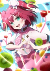 Rule 34 | 1girl, apron, aqua bow, aqua eyes, artist name, artist request, blush, bow, breasts, checkered clothes, checkered neckwear, close-up, female focus, food, fruit, green eyes, hair between eyes, hair ornament, hat, hat bow, heart, heart hands, highres, kurosawa ruby, looking at viewer, love live!, love live! school idol festival, love live! sunshine!!, mini hat, orange (fruit), orange slice, parted lips, pink bow, pink neckwear, puffy short sleeves, puffy sleeves, red hair, shirt, short hair, short sleeves, skirt, small breasts, smile, solo, star (symbol), strawberry, twintails, two side up, white hat, white shirt, x hair ornament