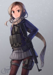Rule 34 | &gt;:), 1girl, arm at side, artist name, assault rifle, bad id, bad pixiv id, blazer, brown pantyhose, brown scarf, bulletproof vest, closed mouth, contrapposto, cowboy shot, dreadtie, enpera, fringe trim, grey background, grey skirt, gun, hair ornament, hairclip, hand in pocket, highres, jacket, kawase ai, long hair, long sleeves, looking at viewer, magazine (weapon), miniskirt, open clothes, open jacket, original, pantyhose, plaid, plaid scarf, pleated skirt, pocket, rifle, scarf, school uniform, sidelocks, simple background, skirt, smug, solo, standing, thigh strap, tsurime, unbuttoned, v-shaped eyebrows, weapon, weapon request