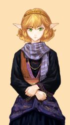 Rule 34 | 1girl, adapted costume, black shirt, blonde hair, blouse, earrings, embellished costume, expressionless, green eyes, hairband, highres, jewelry, long sleeves, looking at viewer, mizuhashi parsee, necklace, own hands together, p! (flaschenstrahlinge), pointy ears, scarf, shirt, short hair, simple background, sitting, skirt, solo, tan background, touhou, upper body, vest