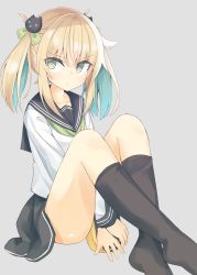 Rule 34 | 1girl, black skirt, black socks, blonde hair, blush, cat hair ornament, closed mouth, collarbone, commentary request, covering privates, covering crotch, green eyes, green ribbon, grey background, hair between eyes, hair ornament, hair ribbon, kavka, kneehighs, long hair, long sleeves, looking at viewer, no shoes, original, ribbon, school uniform, serafuku, shirt, sidelocks, simple background, sitting, skirt, skirt tug, socks, solo, twintails, two-sided fabric, two-sided skirt, white shirt