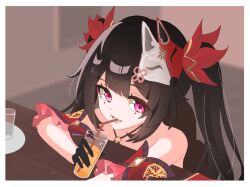 Rule 34 | 1girl, :d, bare shoulders, black gloves, border, bow, brown hair, by bu lang ya, criss-cross halter, detached sleeves, drink, drinking, drinking straw, fox mask, gloves, hair bow, halterneck, highres, holding, holding drink, honkai: star rail, honkai (series), indoors, juice, long hair, looking at viewer, mask, mask on head, o-ring, open mouth, orange juice, pink eyes, red bow, red sleeves, short sleeves, sidelocks, smile, solo, sparkle (honkai: star rail), twintails, white border