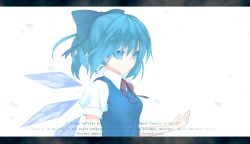 Rule 34 | 1girl, bad id, bad pixiv id, blue eyes, blue hair, bow, cirno, collared shirt, denpaken pochi, english text, hair bow, highres, letterboxed, matching hair/eyes, shirt, short hair, simple background, solo, touhou, wings