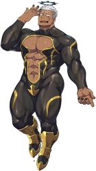 Rule 34 | 1boy, abs, alpha transparency, bara, black nails, bodysuit, boots, dark-skinned male, dark skin, facial tattoo, halo, israfil (housamo), liquid, long sleeves, looking at viewer, male focus, manly, mature male, muscular, muscular male, nail polish, naop (anything), official art, pectoral cleavage, pectorals, red eyes, solo, sparkle, spiked hair, surprised, sweat, tattoo, thick thighs, thighs, tight clothes, tokyo houkago summoners, tongue, transparent background, white hair