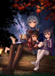 Rule 34 | 3girls, :d, absurdres, aged down, ahoge, alternate costume, autumn leaves, barefoot, black hair, black pantyhose, blue hair, blurry, boo tao (genshin impact), cameo, casual, character doll, commentary request, cone hair bun, contemporary, cup, depth of field, double bun, ganyu (genshin impact), genshin impact, grass, hair between eyes, hair bun, hand puppet, highres, holding, holding cup, horns, hu tao (genshin impact), keqing (genshin impact), leaf, log, long hair, long sleeves, looking at another, lying, lying on lap, maple leaf, mug, multiple girls, night, night sky, no shoes, on stomach, open mouth, pantyhose, puppet, purple eyes, purple hair, red eyes, sidelocks, sitting on log, sky, skym (kumei), smile, soles, star (sky), starry sky, symbol-shaped pupils, toes, twintails, white pantyhose