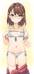 Rule 34 | 1girl, :o, bikini, blush, brown hair, clothes lift, clothes pull, cowboy shot, flat chest, front-tie top, glasses, gluteal fold, green eyes, hair ornament, hairclip, highres, lifted by self, looking at viewer, medium hair, micro bikini, mushi024, navel, original, red-framed eyewear, red skirt, school uniform, shirt lift, side-tie bikini bottom, skindentation, skirt, skirt pull, solo, striped bikini, striped clothes, swimsuit, thighhighs, white thighhighs