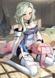 Rule 34 | 1girl, absurdres, ainu clothes, animal ears, aquaplus, blue eyes, blue hair, blurry, blurry background, blush, book, boots, breasts, cleavage, cleavage cutout, closed mouth, clothing cutout, curly hair, feet, full body, gradient eyes, hair over breasts, hair over one breast, hair over shoulder, hand on own foot, highres, indoors, jewelry, large breasts, light particles, light rays, long hair, long sleeves, looking at viewer, multicolored eyes, munechika, necklace, official art, open book, raised eyebrows, scottie (phantom2), shadow, sidelocks, sitting, skirt, solo, strapless, stuffed animal, stuffed cat, stuffed rabbit, stuffed toy, taut clothes, thigh boots, thighhighs, thighs, toned, tube top, utawarerumono, utawarerumono: itsuwari no kamen, utawarerumono: lost flag, utawarerumono: lost flag support illustration relay, weapon