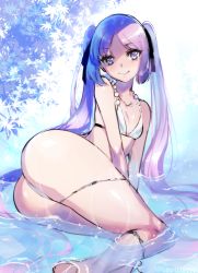 Rule 34 | 1girl, arm support, ass, bad id, bad pixiv id, bikini, breasts, euryale (fate), fate/hollow ataraxia, fate (series), flat chest, hair ribbon, long hair, looking at viewer, lying, on side, pantsu (lootttyyyy), patterned background, purple eyes, purple hair, ribbon, shadow, sidelocks, smile, solo, string bikini, swimsuit, twintails, very long hair, water, white bikini