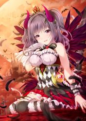 Rule 34 | 10s, 1girl, bad id, bad twitter id, bandages, bare shoulders, black feathers, castle, crown, demon horns, drill hair, feathers, full moon, garana, granblue fantasy, horns, idolmaster, idolmaster cinderella girls, kanzaki ranko, long hair, mini crown, moon, red eyes, silver hair, smile, solo, thighhighs, twin drills, twintails, wings