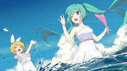 Rule 34 | 2girls, ahoge, aqua eyes, aqua hair, black hair, blonde hair, blue sky, blush, breasts, chinese commentary, closed eyes, cloud, collarbone, commentary request, dress, fang, hair ribbon, hands up, hatsune miku, highres, holding, kagamine rin, long hair, multiple girls, one eye closed, open mouth, outdoors, partially submerged, ribbon, short hair, skin fang, sky, small breasts, smile, twintails, vocaloid, wading, white dress, white ribbon, zhayin-san