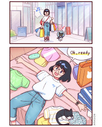 Rule 34 | 1girl, aragon honnin, black hair, blue eyes, blunt bangs, blush, cat, closed mouth, comic, denim, english text, glasses, highres, jeans, lying, musical note, on back, open mouth, original, pants, red footwear, shoes, short hair, smile, sneakers, solo, speech bubble, standing, watch, wristwatch