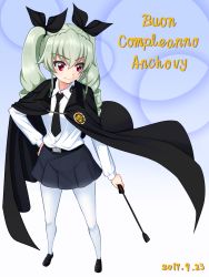 Rule 34 | 1girl, anchovy (girls und panzer), anzio (emblem), anzio school uniform, belt, cape, commentary request, cursive, dated, dress shirt, drill hair, emblem, girls und panzer, hair ribbon, hand on own hip, happy birthday, highres, italian text, long hair, long sleeves, looking to the side, necktie, pantyhose, pleated skirt, ribbon, riding crop, ruka (piyopiyopu), school uniform, shirt, shoes, skirt, solo, standing, twin drills, twintails, wind