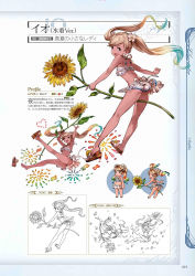Rule 34 | 10s, 1girl, ass, bare shoulders, barefoot, bikini, bikini skirt, blonde hair, blue eyes, character name, chibi, feet, flat chest, flower, frills, full body, gradient hair, granblue fantasy, hair flower, hair ornament, highres, io (granblue fantasy), io (summer) (granblue fantasy), jumping, lineart, looking at viewer, looking back, minaba hideo, multicolored hair, multiple views, non-web source, official art, open mouth, sandals, scan, shoes, simple background, single shoe, smile, sunflower, swimsuit, tan, twintails
