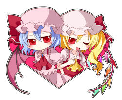 Rule 34 | 2girls, ascot, bad id, bad pixiv id, bat wings, blonde hair, blue hair, blush, bow, colorized, crystal, female focus, flandre scarlet, hat, hat bow, hat ribbon, hikataso, multiple girls, one eye closed, open mouth, puffy sleeves, red eyes, remilia scarlet, ribbon, short sleeves, siblings, side ponytail, sisters, touhou, wings, wink
