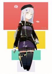 Rule 34 | 1girl, ?, absurdres, beret, black hat, black thighhighs, blue background, blunt bangs, blush, breasts, buttons, checkered clothes, checkered skirt, closed mouth, collar, cross, facial mark, german flag, german text, germany, girls&#039; frontline, gloves, green eyes, grey skirt, gun, h&amp;k usp, hair ornament, hair over shoulder, handgun, hat, headwear request, highres, hk416 (girls&#039; frontline), holster, holstered, jacket, knife, long hair, looking at viewer, medium breasts, military jacket, multicolored background, pistol, red background, sheath, sheathed, silver hair, simple background, skirt, solo, spoken blush, standing, strap, suppressor, teardrop, thigh strap, thighhighs, upper body, very long hair, weapon, white gloves, yellow background, yoni (zhang), zettai ryouiki