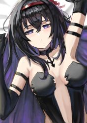 Rule 34 | 1girl, absurdres, akemi homura, akuma homura, arm garter, armpits, arms up, bare shoulders, black choker, black dress, black gloves, black hair, breasts, breasts apart, choker, cleavage, closed mouth, collarbone, colored inner hair, commentary request, crossed bangs, dress, elbow gloves, eyebrows hidden by hair, gloves, hair between eyes, hairband, half-closed eyes, highres, lililizi, long hair, looking at viewer, lying, magical girl, mahou shoujo madoka magica, mahou shoujo madoka magica: hangyaku no monogatari, medium breasts, multicolored hair, navel, on back, on bed, purple eyes, purple hair, solo, strapless, strapless dress, two-tone hair, upper body
