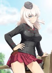 Rule 34 | 10s, 1girl, blue eyes, breasts, contrapposto, diesel-turbo, garrison cap, girls und panzer, hand on own hip, hat, itsumi erika, large breasts, long hair, military, military uniform, miniskirt, silver hair, skirt, solo, standing, taut clothes, uniform
