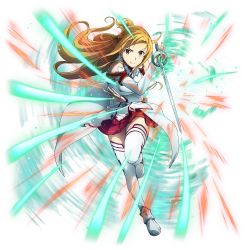 Rule 34 | 1girl, asuna (sao), blonde hair, braid, brown eyes, cape, crown braid, detached sleeves, floating hair, full body, highres, holding, holding sword, holding weapon, leg up, long hair, long sleeves, looking at viewer, miniskirt, official art, pleated skirt, rapier, red skirt, skirt, smile, solo, sword, sword art online, thighhighs, transparent background, v-shaped eyebrows, very long hair, waist cape, weapon, white cape, white sleeves, white thighhighs, zettai ryouiki
