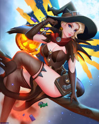 Rule 34 | 1girl, arm at side, arm support, arm up, bad id, bad pixiv id, bangle, blonde hair, blue eyes, bodice, book, bracelet, breasts, brooch, broom, broom riding, brown gloves, brown thighhighs, candy, capelet, cleavage, cloud, cowboy shot, crossed legs, earrings, elbow gloves, food, full moon, gloves, halloween, halloween costume, hat, highres, holding, jack-o&#039;-lantern, jack-o&#039;-lantern earrings, jewelry, lips, looking at viewer, mcdobo, mechanical wings, medium breasts, mercy (overwatch), moon, night, nose, official alternate costume, overwatch, overwatch 1, pelvic curtain, pink lips, short sleeves, sidesaddle, smile, solo, thighhighs, wings, witch, witch hat, witch mercy