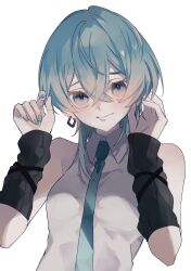 Rule 34 | 1girl, alternate hair length, alternate hairstyle, aqua eyes, aqua hair, aqua nails, aqua necktie, bare shoulders, black sleeves, breasts, closed mouth, collared shirt, commentary request, detached sleeves, earrings, eyelashes, grey shirt, hair between eyes, hands up, hatsune miku, highres, holding, holding own hair, jewelry, light blush, looking at viewer, necktie, shirt, short hair, sleeveless, sleeveless shirt, small breasts, solo, un known9999, upper body, vocaloid, white background