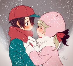 Rule 34 | 1boy, 1girl, ana (mother), black hair, blonde hair, blue eyes, blush, closed mouth, couple, hetero, imminent kiss, long sleeves, looking at another, mittens, mother (game), mother 1, ninten, nintendo, outdoors, scarf, shifumame, short twintails, snow, snowing, swept bangs, twintails, winter clothes