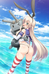 Rule 34 | &gt; o, 10s, 1girl, :3, artist name, ass, black hairband, black panties, blonde hair, blue sky, blush, carrying, cloud, day, elbow gloves, gloves, green eyes, hairband, halhal, highres, kantai collection, long hair, no pants, ocean, one eye closed, open mouth, outdoors, panties, rensouhou-chan, shimakaze (kancolle), sky, striped clothes, striped thighhighs, thighhighs, underwear, white gloves