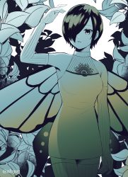 Rule 34 | 1girl, arm up, artist name, black hair, breast tattoo, breasts, bug, butterfly, butterfly wings, closed mouth, dress, elbow gloves, gloves, hair over one eye, insect, insect wings, kirishima touka, large breasts, leaf, leggings, nabe-box, one eye covered, shadow, short hair, solo, striped clothes, striped gloves, striped leggings, striped thighhighs, tattoo, thighhighs, tokyo ghoul, white dress, wings