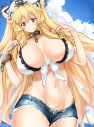 Rule 34 | 1girl, anne bonny (fate), anne bonny (fate/grand order), anne bonny (swimsuit archer) (fate), anne bonny (swimsuit archer) (second ascension) (fate), bikini, bikini top only, blonde hair, breasts, day, denim, denim shorts, fate/grand order, fate (series), frilled bikini, frills, highres, hip focus, large breasts, long hair, looking at viewer, looking down, navel, red eyes, rinrin kai, short shorts, shorts, sky, solo, swimsuit, thighs, very long hair, white bikini