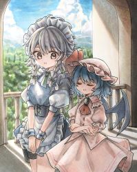 Rule 34 | 2girls, ahoge, apron, bat wings, blue dress, blue hair, bow, braid, brooch, buttons, commentary, cropped, crossed arms, dress, closed eyes, forest, frilled apron, frilled shirt, frilled shirt collar, frilled sleeves, frills, green bow, green necktie, grey eyes, hair bow, hat, hat ribbon, highres, hisako (6anmbblfnjueeff), izayoi sakuya, jewelry, maid headdress, mob cap, multiple girls, nature, necktie, open mouth, pink dress, puffy short sleeves, puffy sleeves, red bow, red ribbon, remilia scarlet, ribbon, ribbon trim, sash, shirt, short hair, short sleeves, silver hair, sky, touhou, traditional media, twin braids, waist apron, wavy hair, wings