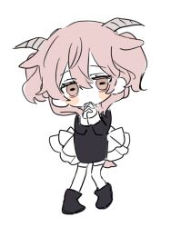 Rule 34 | 1girl, animal ears, black dress, chibi, dress, expressionless, frilled dress, frills, goat girl, goat horns, happy saint sheol, horizontal pupils, horns, looking at viewer, maya elbeth, medium hair, ok o o, orange eyes, own hands together, pink hair, short twintails, sketch, solo, twintails, white background