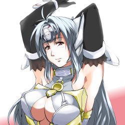 Rule 34 | 1girl, absurdres, android, armpits, bad id, bad pixiv id, blue hair, breasts, cleavage, commentary request, cyborg, forehead protector, highres, kos-mos, large breasts, long hair, red eyes, saruanu, solo, xenosaga