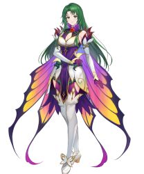 Rule 34 | 1girl, alternate costume, bare shoulders, boots, breasts, cape, cecilia (fire emblem), cleavage, dress, elbow gloves, female focus, fire emblem, fire emblem: the binding blade, fire emblem heroes, flower, full body, gloves, gold trim, gradient clothes, green eyes, green hair, haru (hiyori-kohal), high heel boots, high heels, highres, long hair, looking at viewer, matching hair/eyes, medium breasts, nintendo, non-web source, official art, overskirt, pelvic curtain, plant, short dress, sleeveless, smile, solo, standing, thigh boots, thorns, transparent background, vines