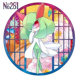 Rule 34 | blush, colored skin, covering own mouth, creatures (company), floral background, flower, game freak, gen 3 pokemon, green hair, hair over one eye, hand over own mouth, kirlia, long hair, looking at viewer, multicolored skin, nintendo, pink eyes, pokemon, pokemon (creature), two-tone skin, white skin, zakro
