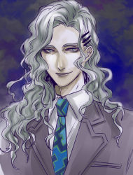 Rule 34 | 10s, 1boy, androgynous, formal, grey hair, hair ornament, hairclip, long hair, male focus, necktie, pale skin, smile, solo, suit, tiger &amp; bunny, ymsr, yuri petrov